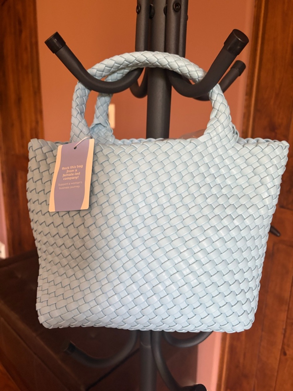 Woven Light Blue Tote Bag with Braided Handles - Unbranded